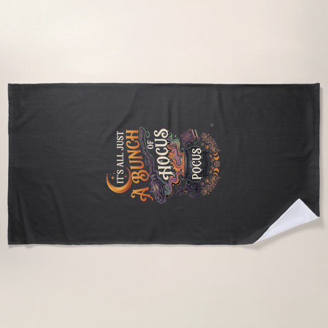 Hocus Pocus Witch Broom Black Cat Magic Cauldron H Beach Towel (Front)