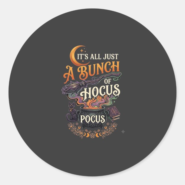 Hocus Pocus Witch Broom Black Cat Magic Cauldron H Classic Round Sticker (Front)