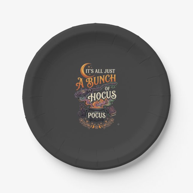 Hocus Pocus Witch Broom Black Cat Magic Cauldron H Paper Plate (Front)