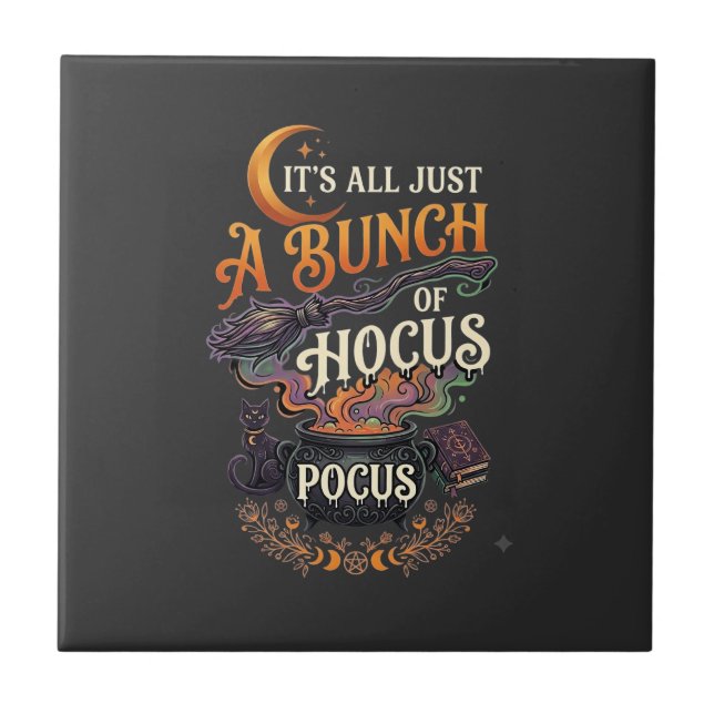 Hocus Pocus Witch Broom Black Cat Magic Cauldron H Tile (Front)
