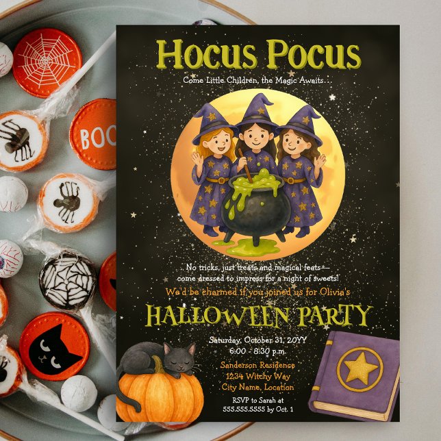 Hocus Pocus Witchy Kids Halloween Party Invitation (Hocus Pocus three young witches Halloween Party invite)