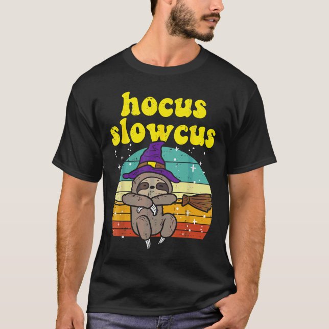 Hocus Slowcus Witch Sloth Retro Cute Animal Hallow T-Shirt (Front)