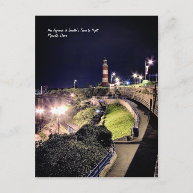 Hoe Approach and Smeaton's Tower by Night Postcard (Front)