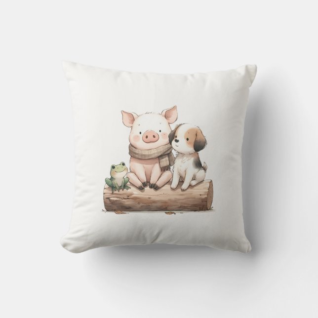 Hog, Frog & Dog on a Log! Cute Animal Friends Kids Cushion (Front)