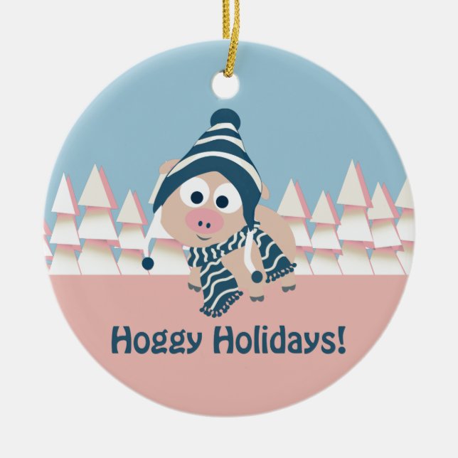 Hoggy Holidays! Winter Pig Ceramic Tree Decoration (Front)