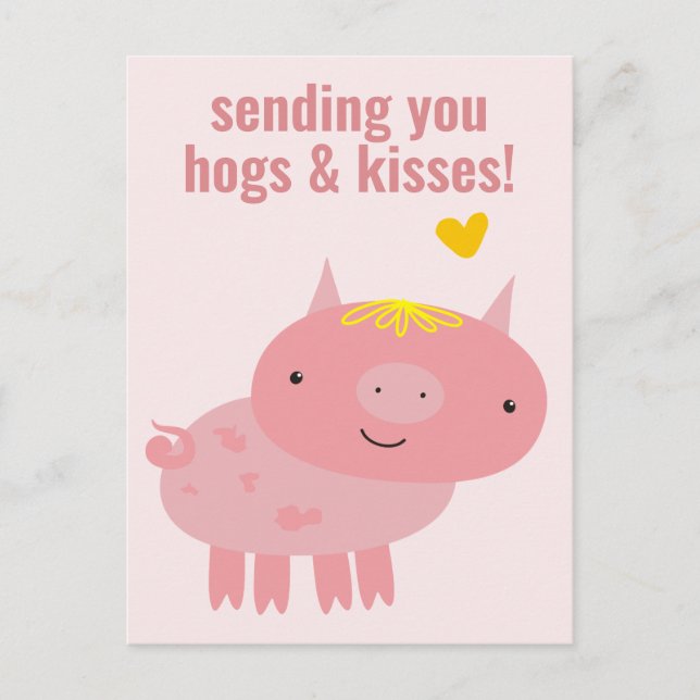 Hogs & Kisses - Cute Pig Classroom Valentine Postcard (Front)