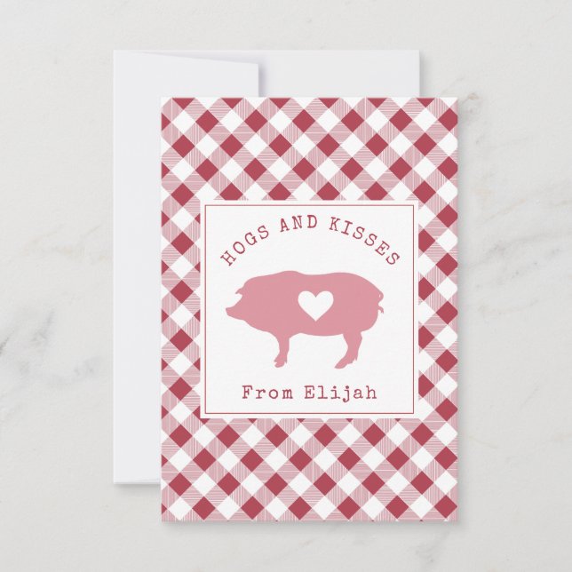 Hogs & Kisses Photo Gingham Classroom Valentine Card (Front)