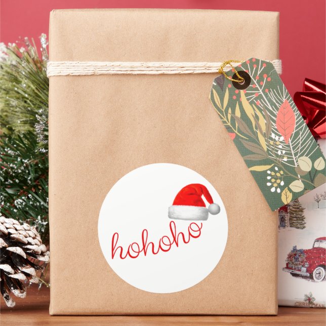HoHoHo Christmas Hat Red White Classic Round Sticker (Holiday)