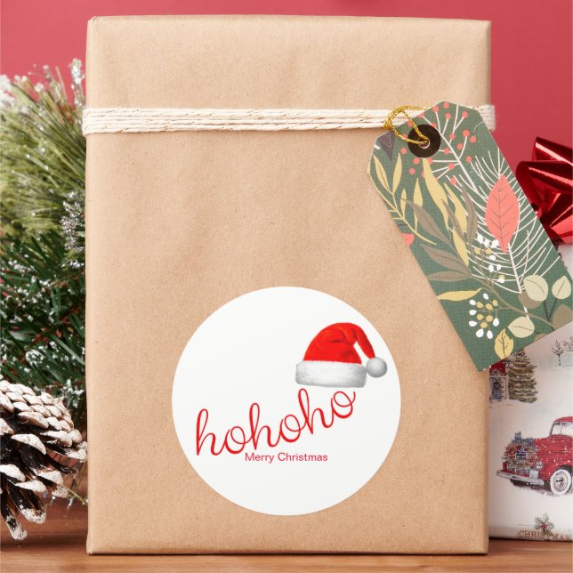 HoHoHo Christmas Hat Red White Classic Round Sticker (Holiday)