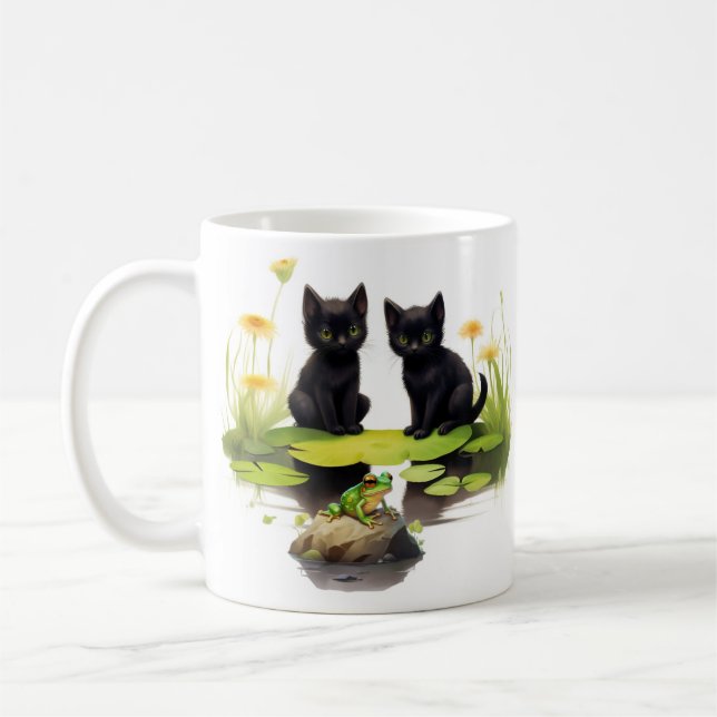 Hoki & Koki Black Kittens Visit The Pond Mug (Left)