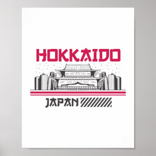 Hokkaido Japan Retro Temple Skyline Travel Design Poster