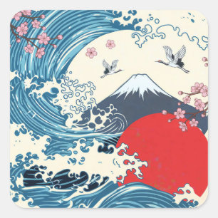 Hokusai Big Wave Retro Japanese Art Square Sticker