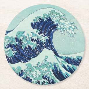 Hokusai Blue Waves Round Paper Coaster