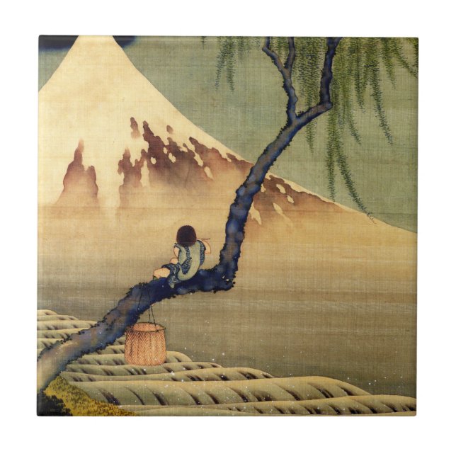Hokusai Boy Viewing Mount Fuji Japanese Vintage Tile (Front)