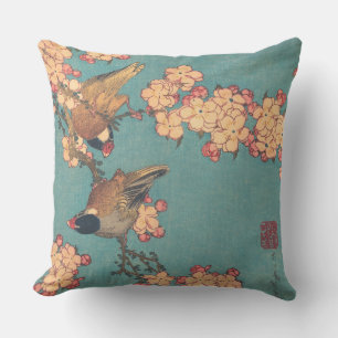 Hokusai Bullfinch and Cherry Blossom Vintage Bird Cushion