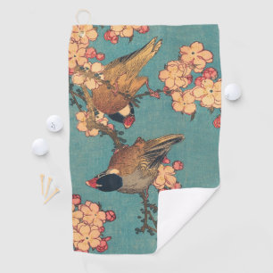 Hokusai Bullfinch and Cherry Blossom Vintage Bird Golf Towel