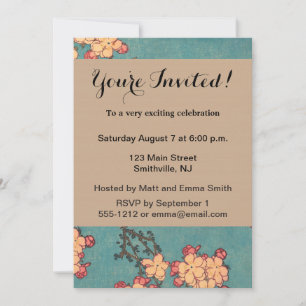 Hokusai Bullfinch and Cherry Blossom Vintage Bird Invitation
