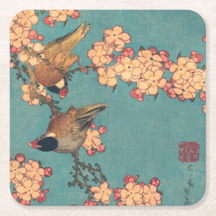 Hokusai Bullfinch and Cherry Blossom Vintage Bird Square Paper Coaster
