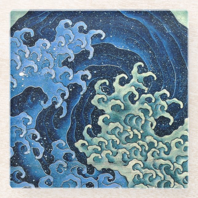 Hokusai Feminine Wave Vintage Ocean  Glass Coaster (Front)