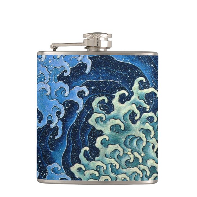 Hokusai Feminine Wave Vintage Ocean  Hip Flask (Front)