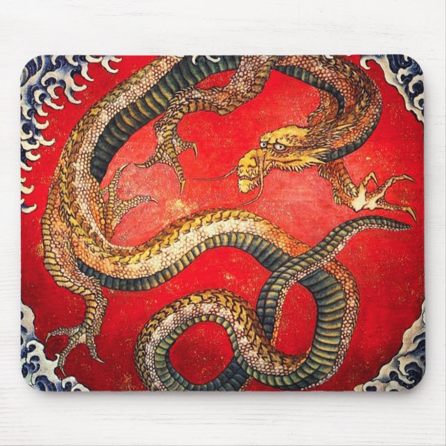 Hokusai Gold Japanese Dragon Mouse Pad (Front)
