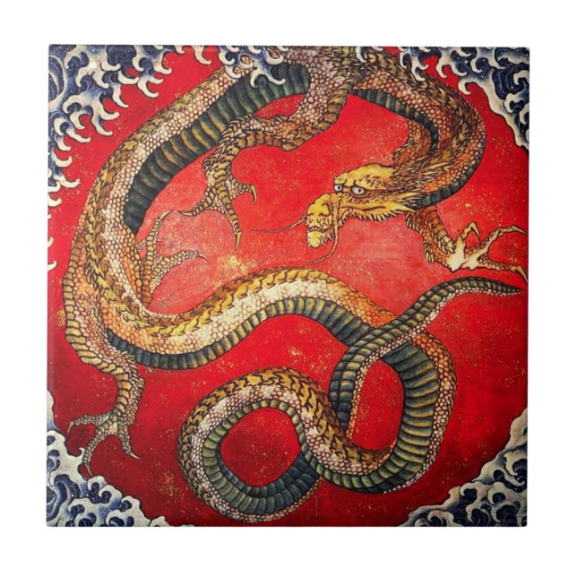 Hokusai Gold Japanese Dragon Tile (Front)