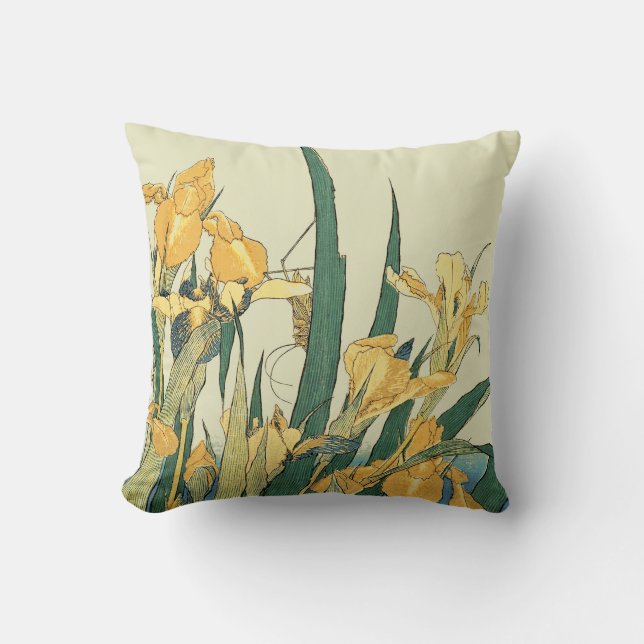 Hokusai grasshopper and iris Japan Cushion (Front)