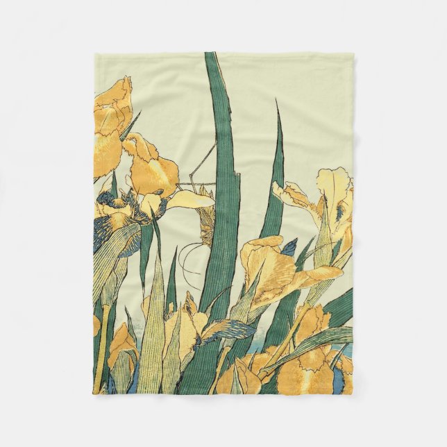 Hokusai grasshopper and iris Japan Fleece Blanket (Front)