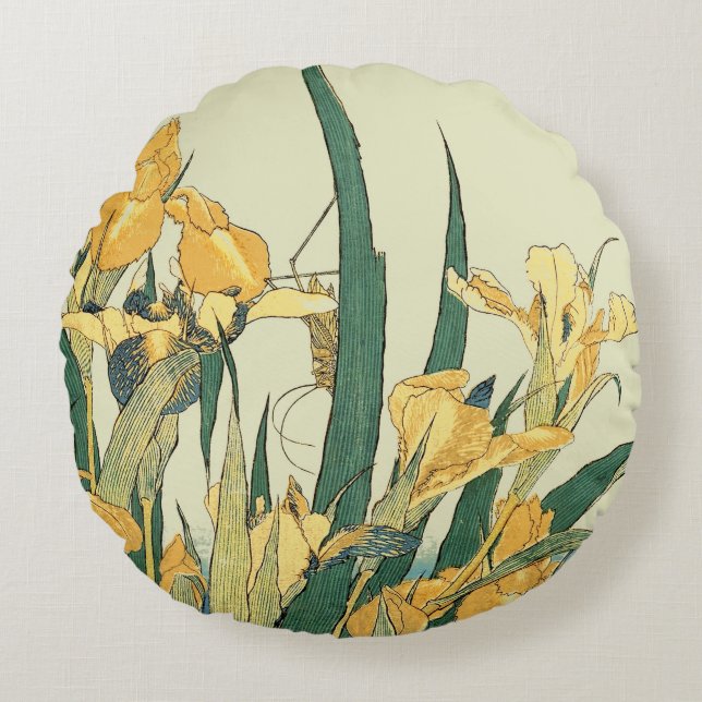 Hokusai grasshopper and iris Japan Round Cushion (Front)