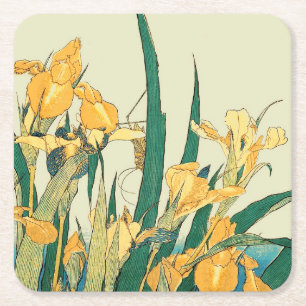 Hokusai grasshopper and iris Japan Square Paper Coaster