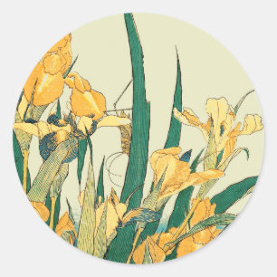 Hokusai Grasshopper Iris Vintage Print: Japanese Classic Round Sticker