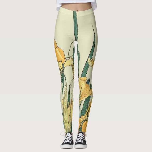 Hokusai Grasshopper Iris Vintage Print: Japanese Leggings (Front)