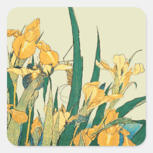 Hokusai Grasshopper Iris Vintage Print: Japanese Square Sticker
