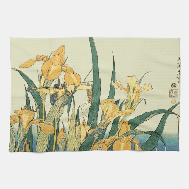 Hokusai Grasshopper Iris Vintage Print: Japanese Tea Towel (Horizontal)