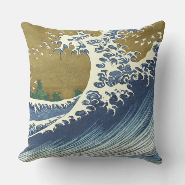 Hokusai Great Wave Pattern: Japanese Ukiyo-e Art Cushion (Front)