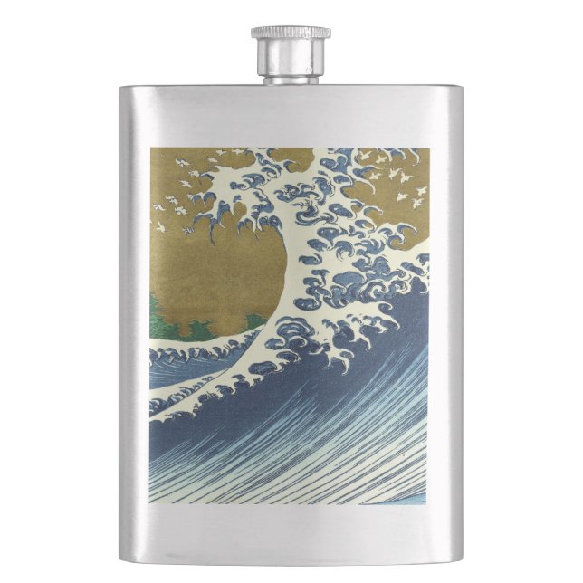 Hokusai Great Wave Pattern: Japanese Ukiyo-e Art Hip Flask (Front)