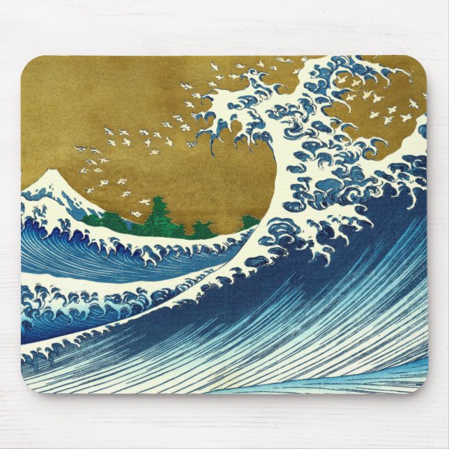 Hokusai Great Wave Pattern: Japanese Ukiyo-e Art Mouse Pad (Front)