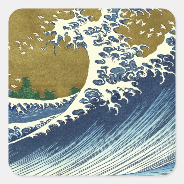 Hokusai Great Wave Pattern: Japanese Ukiyo-e Art Square Sticker (Front)