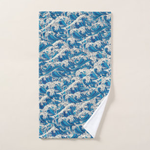 Hokusai Great Wave Pattern Nautical Blue Ocean Hand Towel