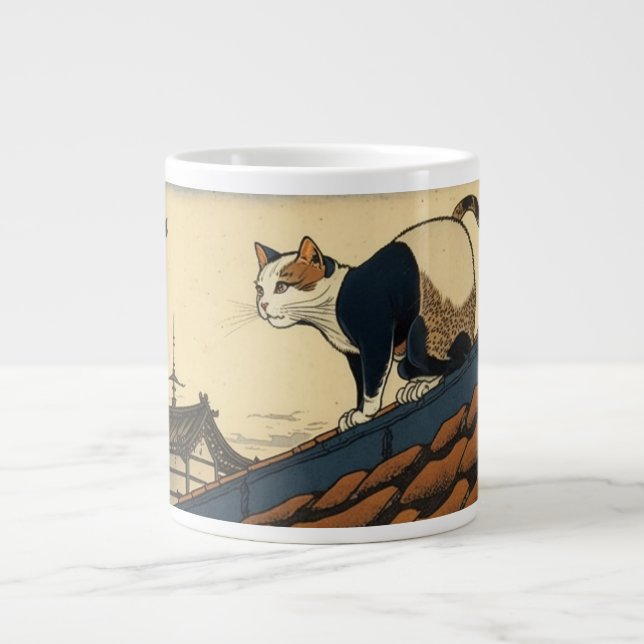Hokusai inspired art with a cute cat large coffee mug (Front)