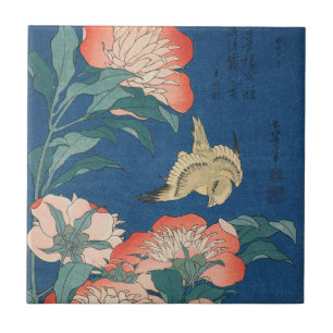 Hokusai Japanese Art Peonies and Canary Bird Tile