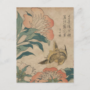Hokusai Peony and Canary Postcard