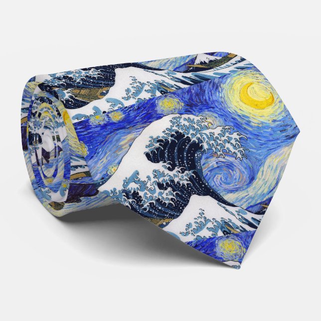 Hokusai , “ The Great Wave off Kanagawa ” + Gogh 2 Tie (Rolled)