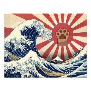 HOKUSAI "The Great Wave" & Rising Sun Flag & Cat Photo Print
