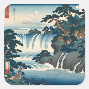 Hokusai Ukiyo-e Japanese Waterfall Landscape Blue Square Sticker