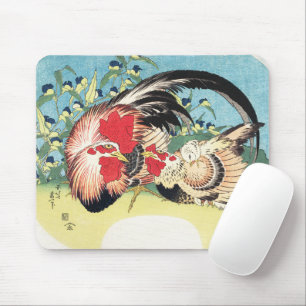 Hokusai Vintage Japanese Art Rooster Hen Flowers Mouse Pad