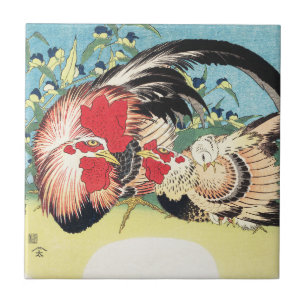 Hokusai Vintage Japanese Art Rooster Hen Flowers Tile