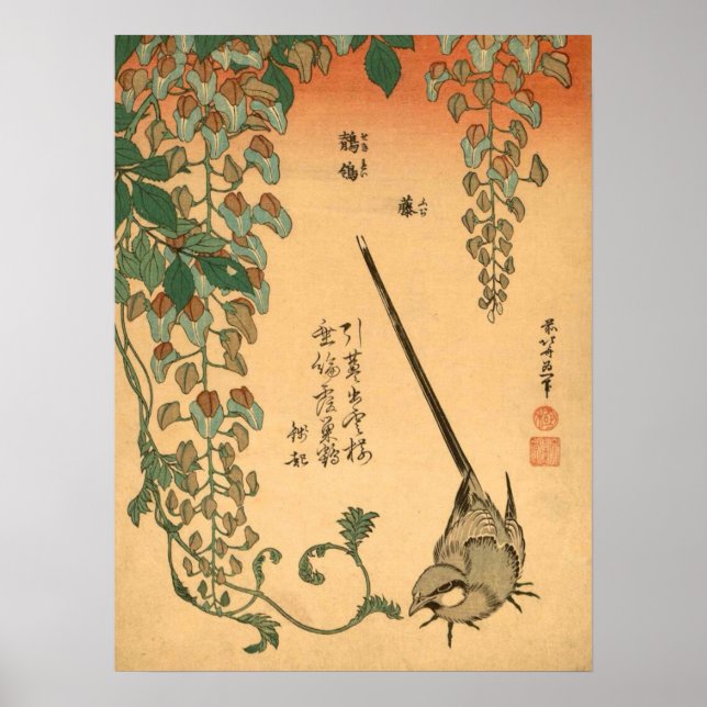 Hokusai Vintage Wisteria and Wagtail GalleryHD Poster (Front)