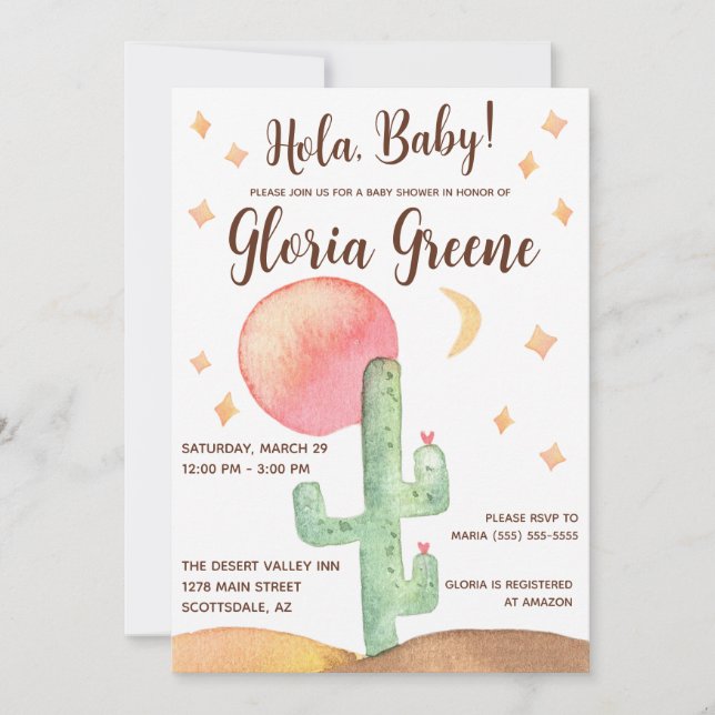 Hola Baby!  Desert Cactus Boho Baby Shower Invitation (Front)
