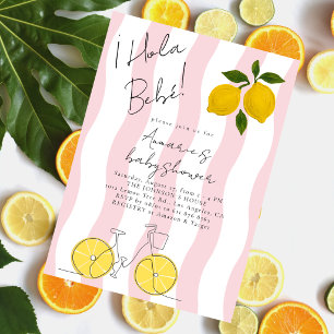 Hola Bebe Pink Stripes Lemons Girl Baby Shower Invitation